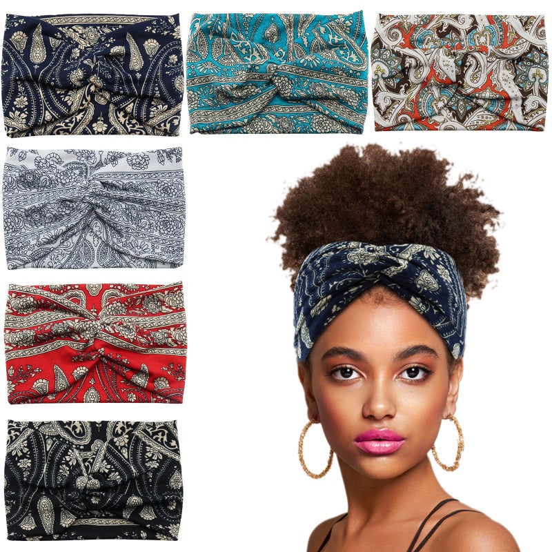 Carede Wide Headbands for Women Girls, Large Bandana Boho Headbands Workout Yoga Running Hair Bands for Women's Hair, Non Slip Sweat Head Bands,Pack of 6 - Image 1
