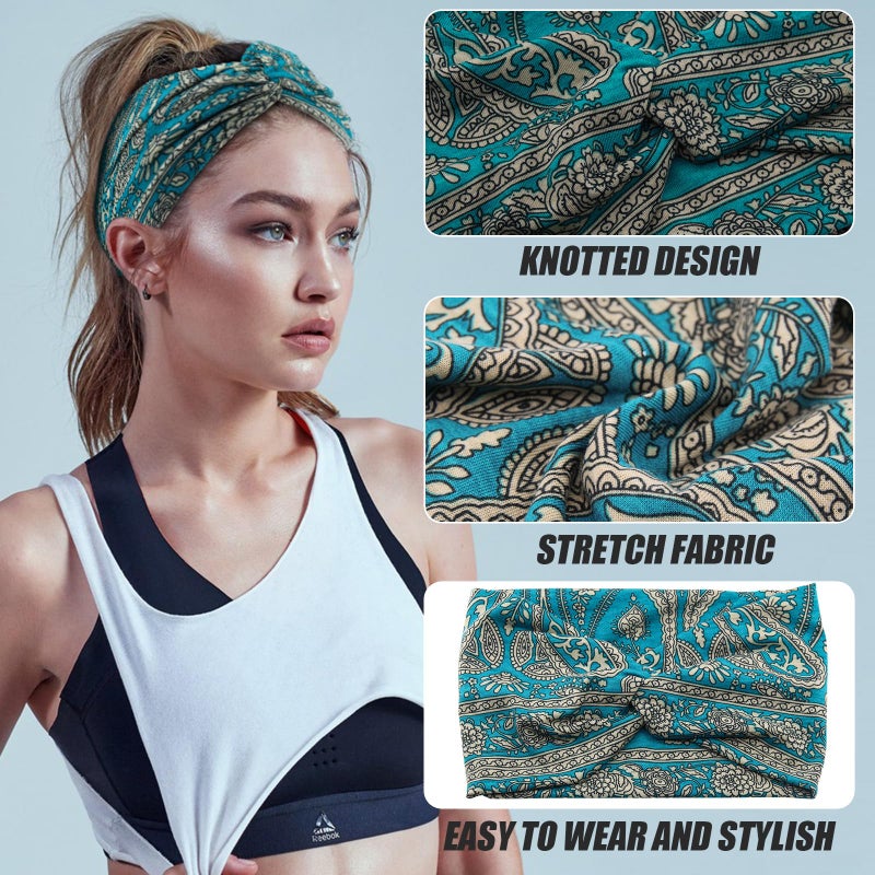 Carede Wide Headbands for Women Girls, Large Bandana Boho Headbands Workout Yoga Running Hair Bands for Women's Hair, Non Slip Sweat Head Bands,Pack of 6 - Image 3