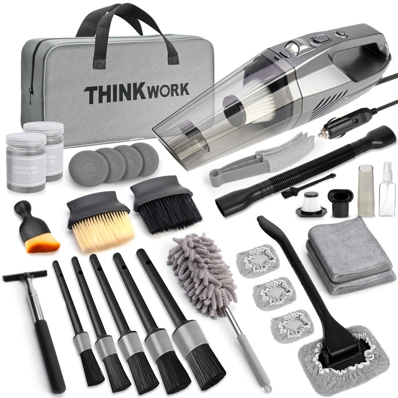 مجموعة تنظيف السيارات THINKWORK مجموعة تفصيل السيارات منظف داخلي مع مكنسة كهربائية محمولة عالية القوة 10 قطع فرش تفصيل وحقيبة تخزين رمادية مجموعة تنظيف داخلية للسيارات للرجال