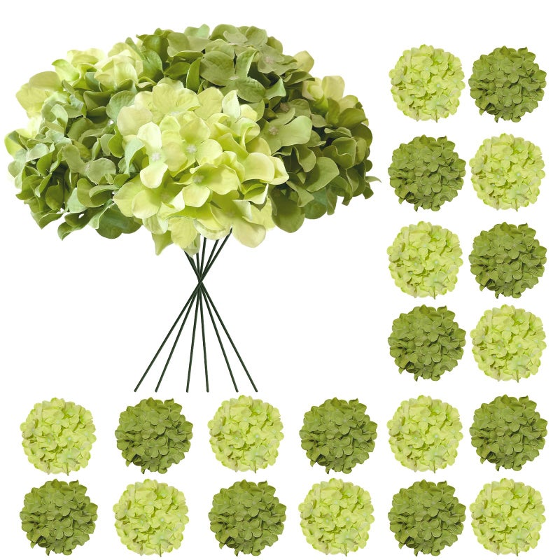 Cherica Hydrangea Artificial Flowers, 20 Pcs Green Hydrangea Artificial Flowers Bulk, Faux Hydrangea Flowers for Outdoor, Fake Silk Hydrangea Flowers with Stems for Wedding Decoration Decor - Image 1