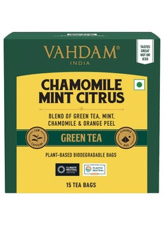 VAHDAM Chamomile Mint Citrus Green Tea Bags 15 Count Low Caffeine Sweet and Floral Individually Wrapped  - Image 1