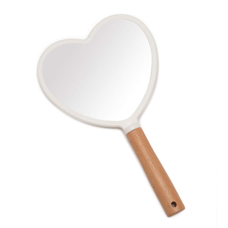 YEAKE Hand Held Mirror with Handle for Makeup,Small Cute Wood Hand Mirror for Shaving with Hole Hanging Single-Sided Portable Travel Vanity Mirror for Men&Women(Heart) - Image 1