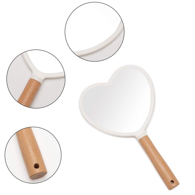 YEAKE Hand Held Mirror with Handle for Makeup,Small Cute Wood Hand Mirror for Shaving with Hole Hanging Single-Sided Portable Travel Vanity Mirror for Men&Women(Heart) - Image 4