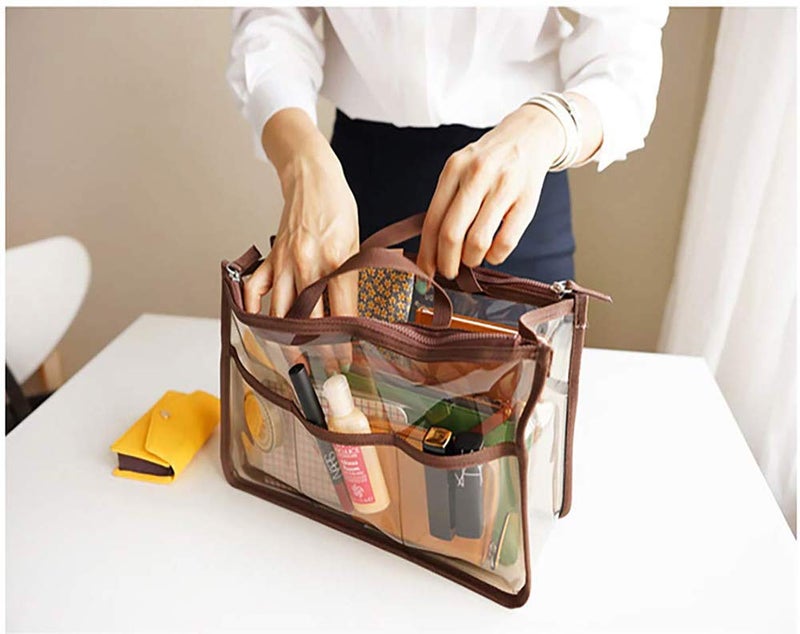 Sztlkhh Handbag Organizer Clear Cosmetic Gadget Insert See Through Purse Organiser Transparent Makeup Travel Pouch Liner With Handle (Beige 11(L) X6.5(W) X4(D)) - Image 3
