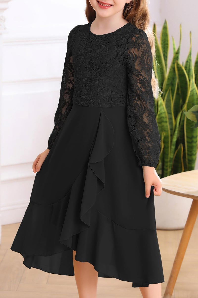 HOSIKA Girls Long Sleeve Dresses A-Line Swing Halloween Wedding Party Long Dress for 6-12 Years Black - Image 3