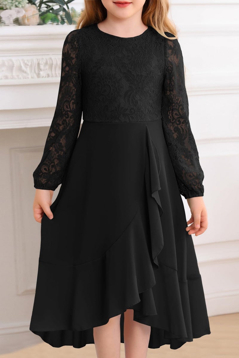 HOSIKA Girls Long Sleeve Dresses A-Line Swing Halloween Wedding Party Long Dress for 6-12 Years Black - Image 2