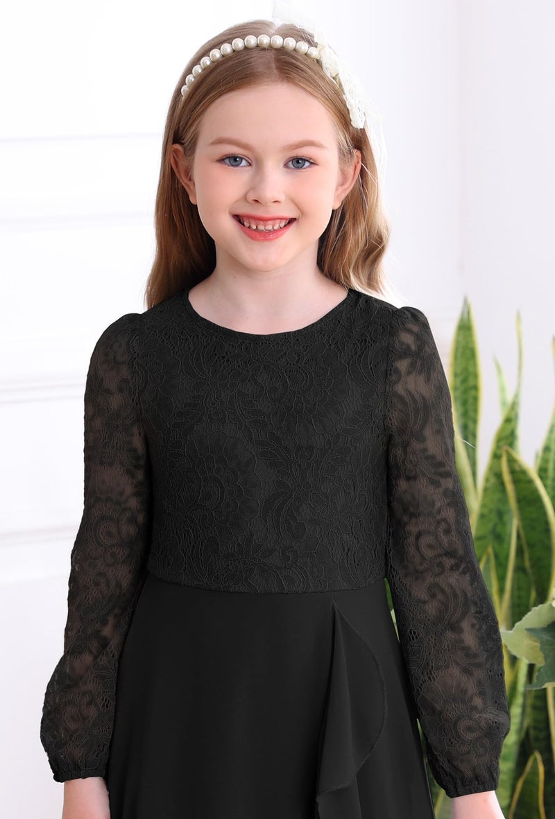 HOSIKA Girls Long Sleeve Dresses A-Line Swing Halloween Wedding Party Long Dress for 6-12 Years Black - Image 5