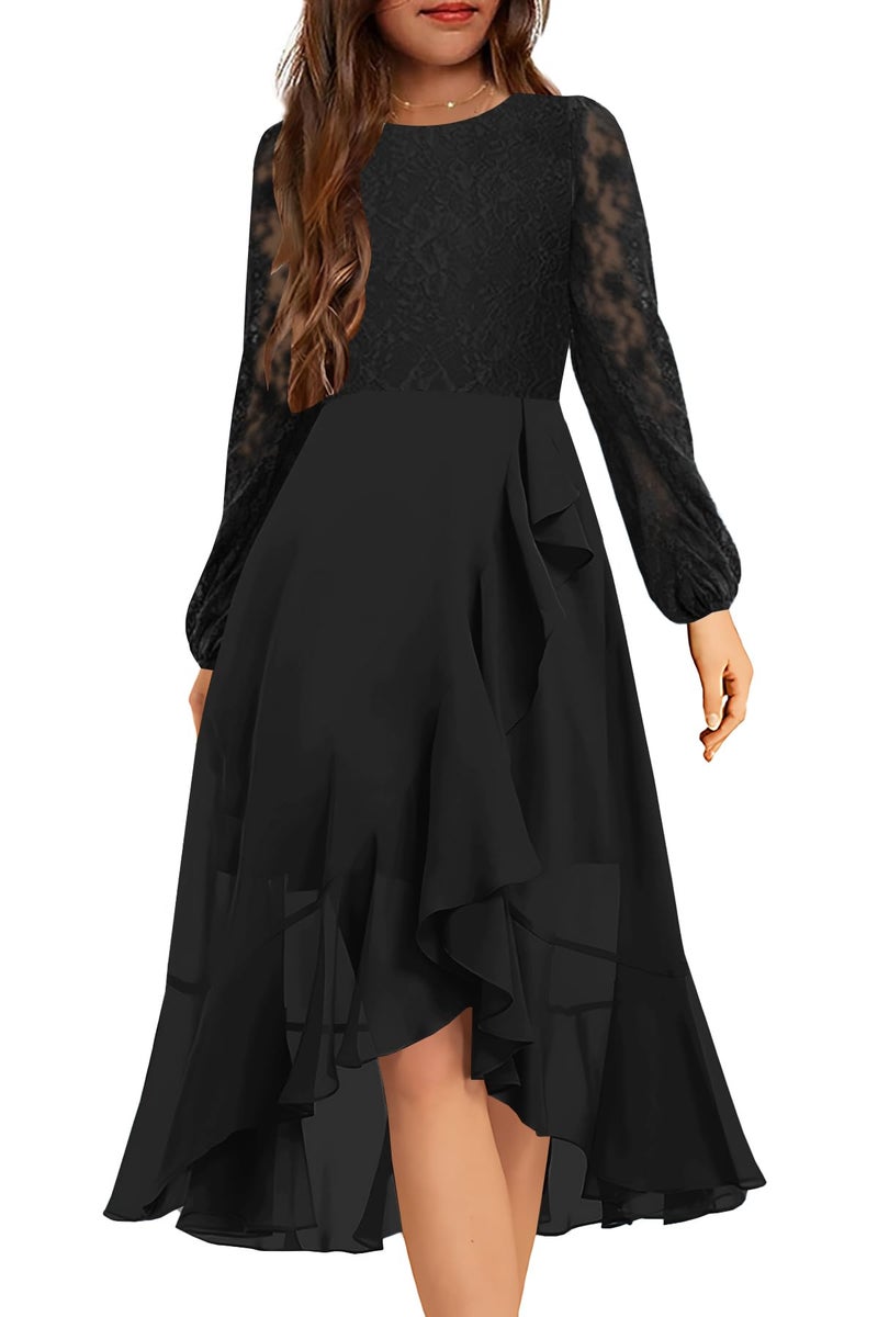 HOSIKA Girls Long Sleeve Dresses A-Line Swing Halloween Wedding Party Long Dress for 6-12 Years Black - Image 1