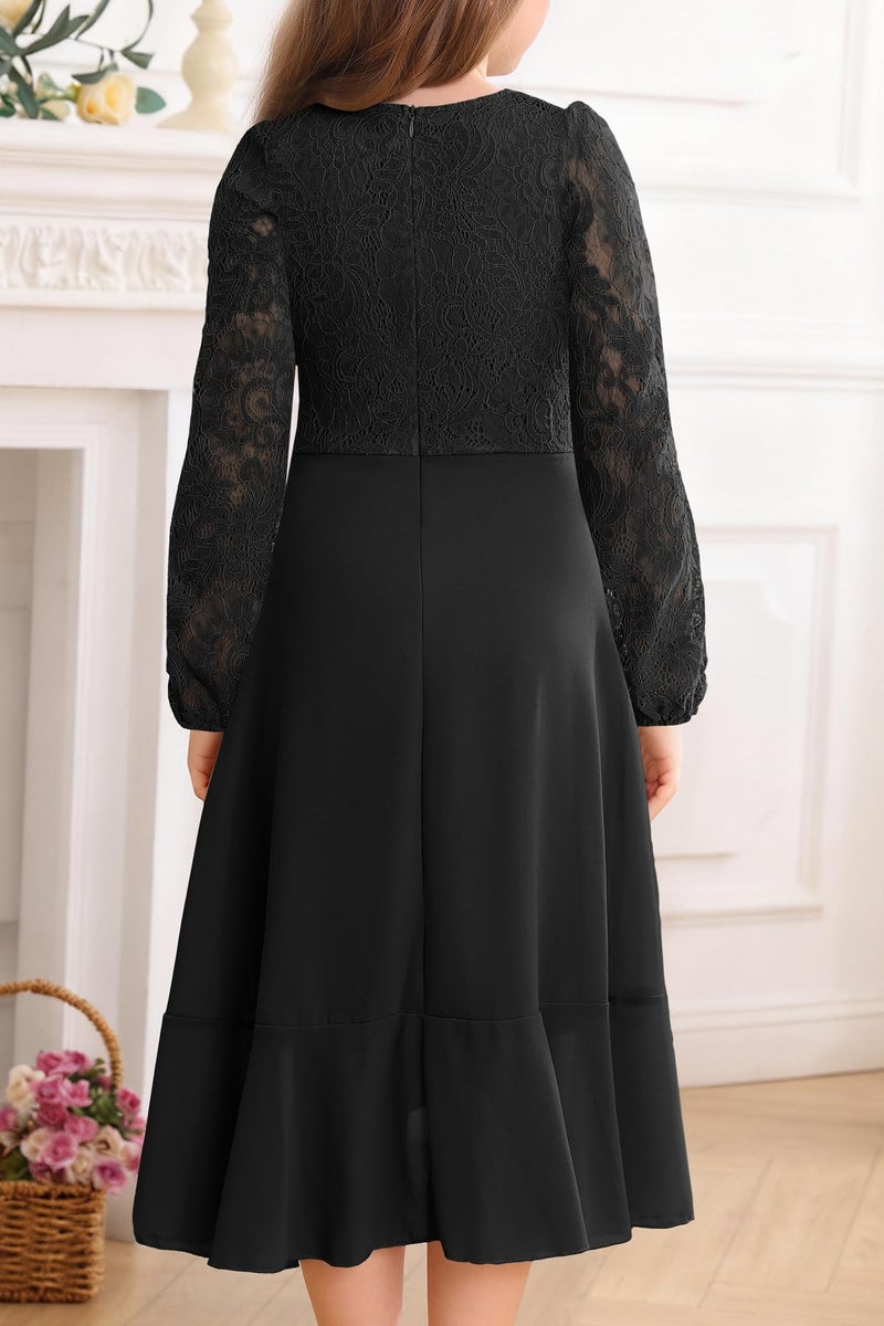 HOSIKA Girls Long Sleeve Dresses A-Line Swing Halloween Wedding Party Long Dress for 6-12 Years Black - Image 4