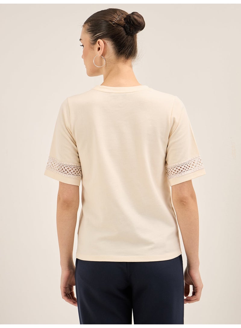 Salt Attire Women's Elegant Off-White Round Neckline Top with Delicate Lace Insert Detail and Stylish Half Length Sleeves in Regular Fit Perfect for Effortless Sophistication and Versatile Wear Size  - Image 3