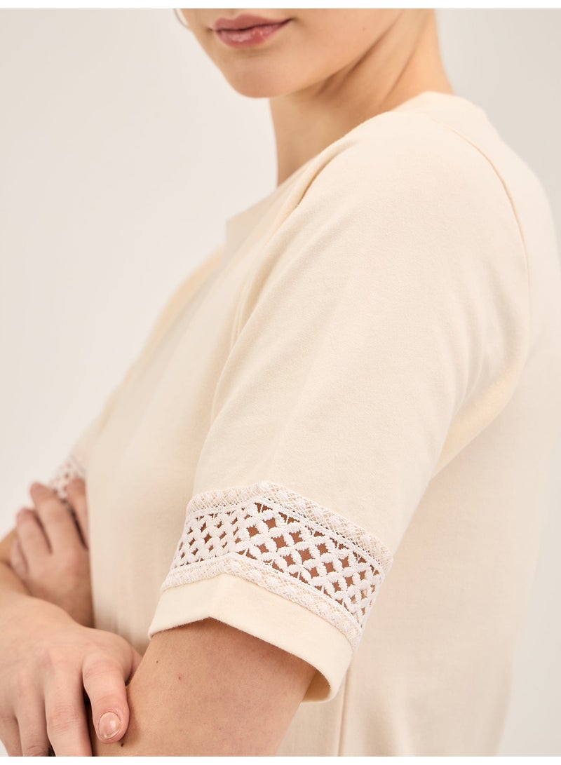 Salt Attire Women's Elegant Off-White Round Neckline Top with Delicate Lace Insert Detail and Stylish Half Length Sleeves in Regular Fit Perfect for Effortless Sophistication and Versatile Wear Size  - Image 4