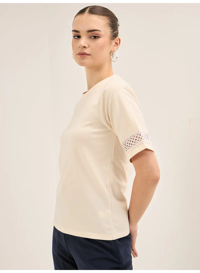 Salt Attire Women's Elegant Off-White Round Neckline Top with Delicate Lace Insert Detail and Stylish Half Length Sleeves in Regular Fit Perfect for Effortless Sophistication and Versatile Wear Size