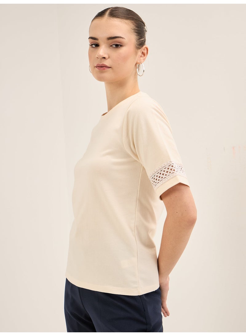Salt Attire Women's Elegant Off-White Round Neckline Top with Delicate Lace Insert Detail and Stylish Half Length Sleeves in Regular Fit Perfect for Effortless Sophistication and Versatile Wear Size  - Image 5