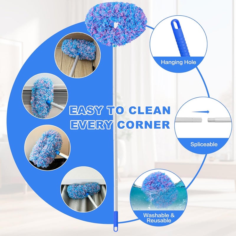 Heonay Ceiling Fan Cleaner Duster Reusable Microfiber Ceiling Fan Blade Cleaner Removable Duster with Extension Pole Adjusts 13 to 49.7 Inch for Cleaning Walls Furniture Door Window Top (Blue Pink) - Image 3