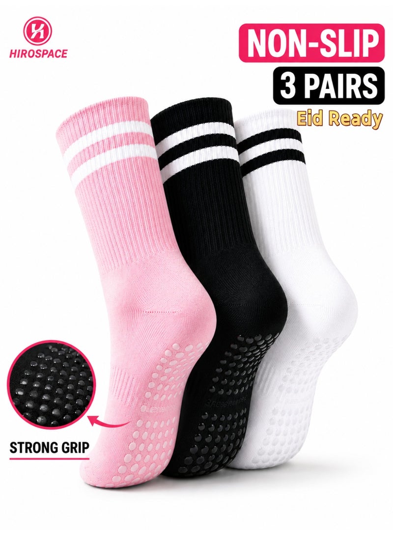 Hirospace 3 Pairs Non Slip Yoga Socks for Women with Straps, Cushioned Pilates Grip Socks for Gym Dance Home Workout - Image 1