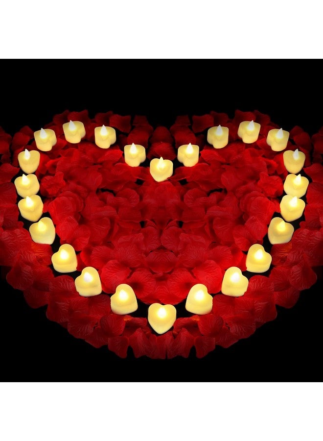 Childom Red Rose Petals Set, 1000 Pieces Artificial Rose Petals with 24 Pieces LED Tea Lights Candles,Rose Petals for Romantic Night for Her set, Proposal Decorations for Women, Wedding, Bedroom, Anniversary - Image 1
