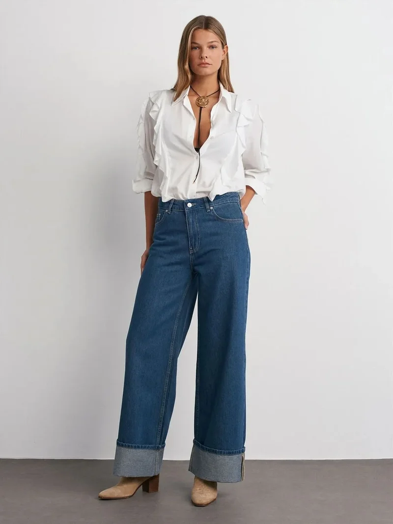 Dilvin Dilvin High-Waist Wide-Leg Cotton Denim Jeans