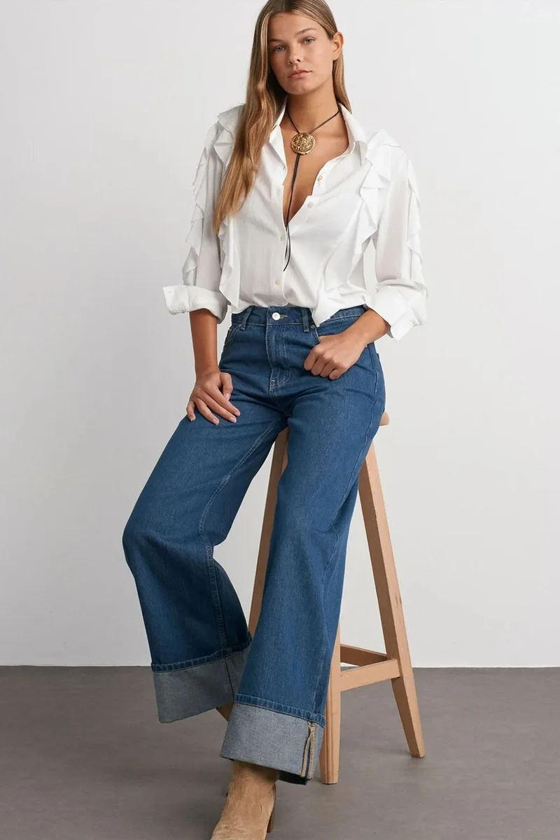 Dilvin Mid Blue Denim DILVIN High-Waist Wide-Leg Cotton Denim Jeans for Women | Best Price UAE