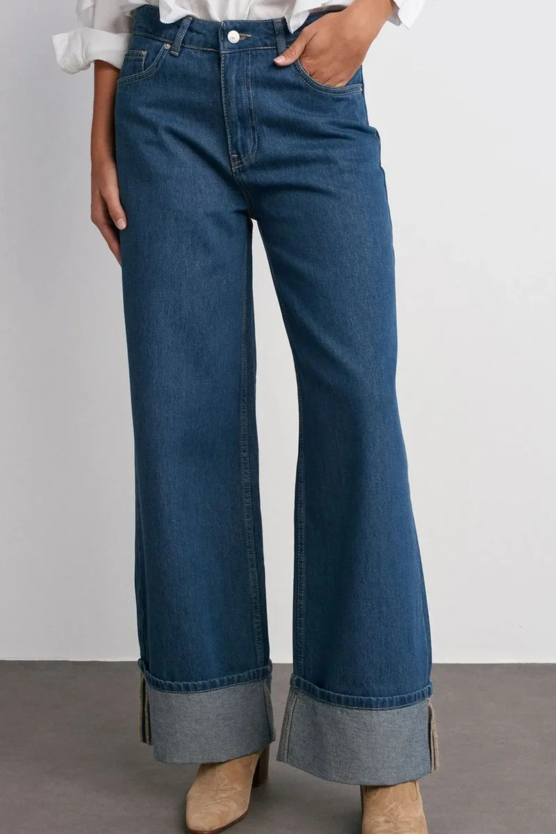 Dilvin Mid Blue Denim DILVIN High-Waist Wide-Leg Cotton Denim Jeans for Women | Best Price UAE