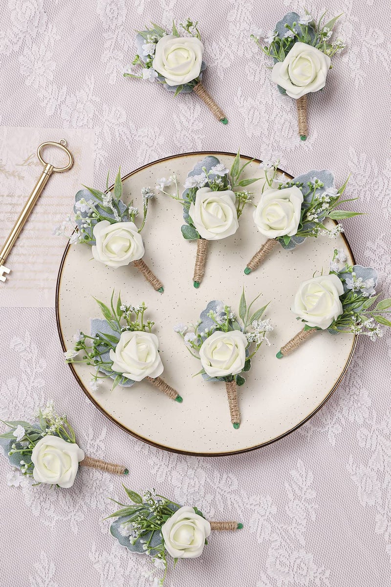 YSUCAU Rose Boutonnieres for Men Wedding Groom and Groomsmen White Boutonniere for Rustic Fall Vintage Wedding Prom Set of 10 - Image 2