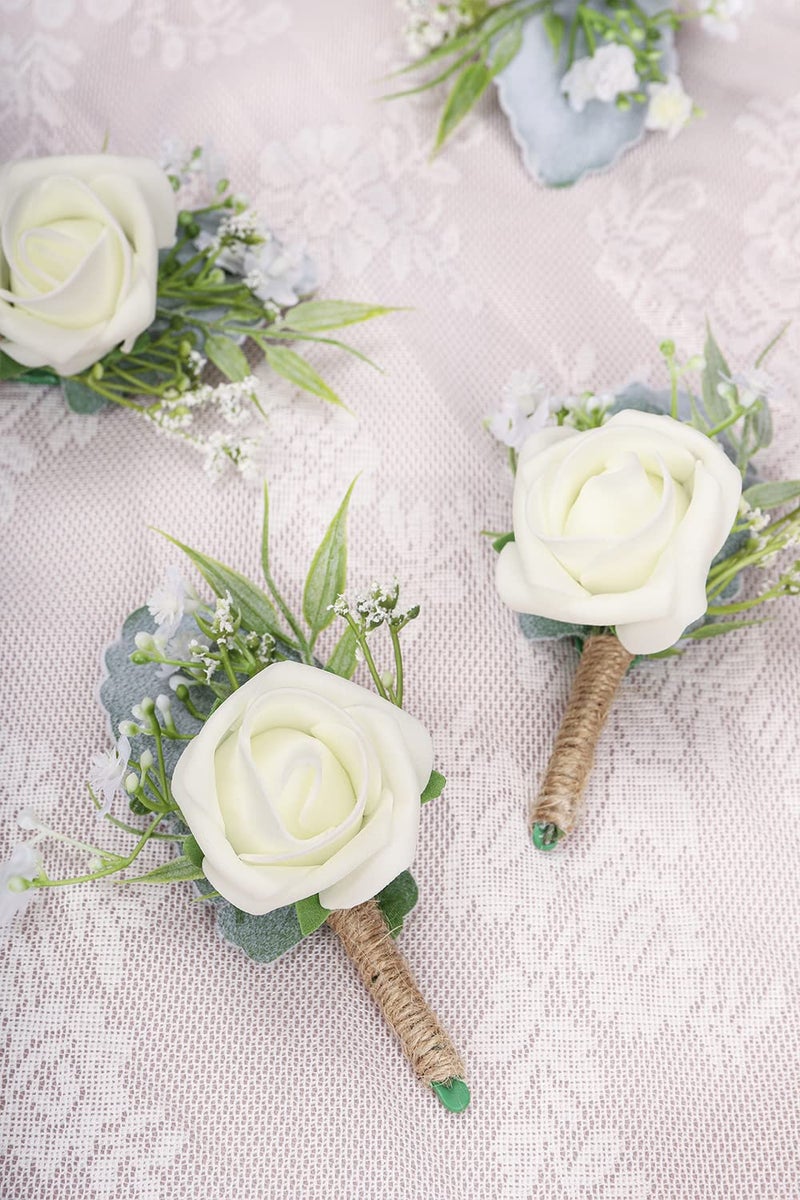 YSUCAU Rose Boutonnieres for Men Wedding Groom and Groomsmen White Boutonniere for Rustic Fall Vintage Wedding Prom Set of 10 - Image 3