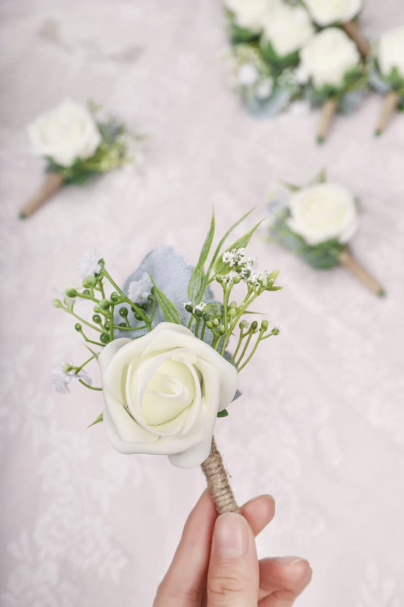 YSUCAU Rose Boutonnieres for Men Wedding Groom and Groomsmen White Boutonniere for Rustic Fall Vintage Wedding Prom Set of 10 - Image 4