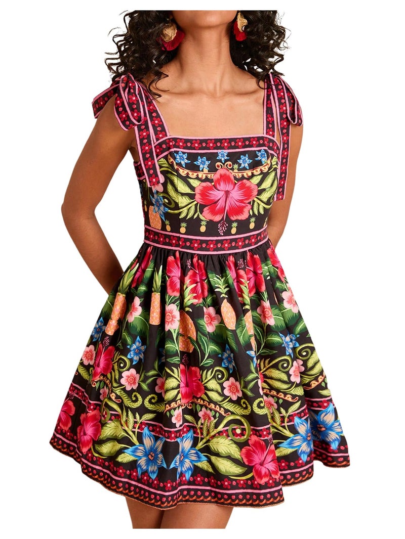 OYOANGLE Women's Boho Dress Floral Tropical Vacation Dress Sleeveless Tie Shoulder Summer Flowy Mini Dress Sundress Black and Pink X-Small - Image 1