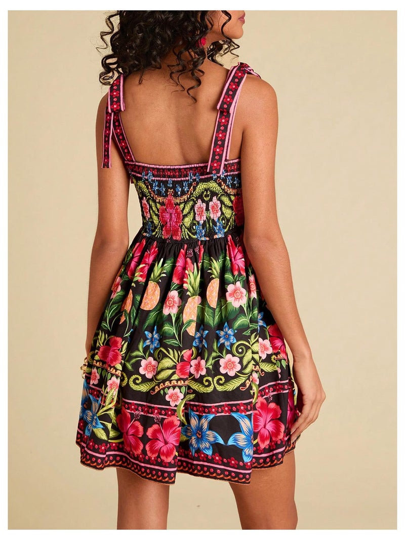 OYOANGLE Women's Boho Dress Floral Tropical Vacation Dress Sleeveless Tie Shoulder Summer Flowy Mini Dress Sundress Black and Pink X-Small - Image 3