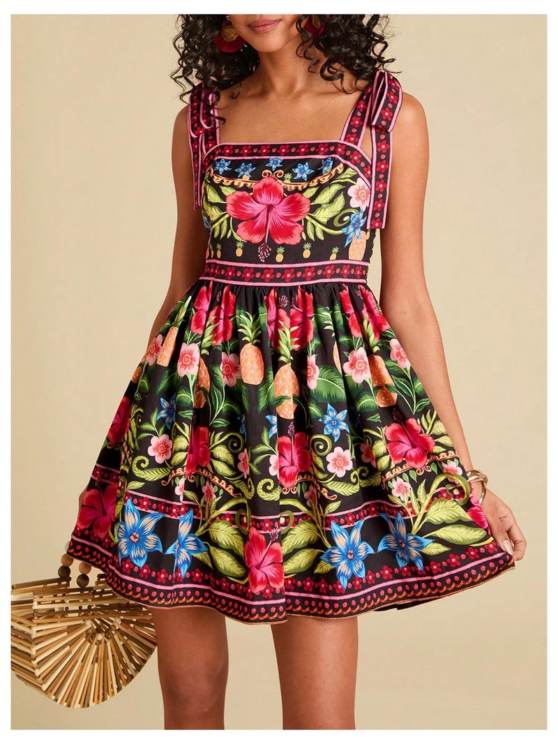 OYOANGLE Women's Boho Dress Floral Tropical Vacation Dress Sleeveless Tie Shoulder Summer Flowy Mini Dress Sundress Black and Pink X-Small - Image 2