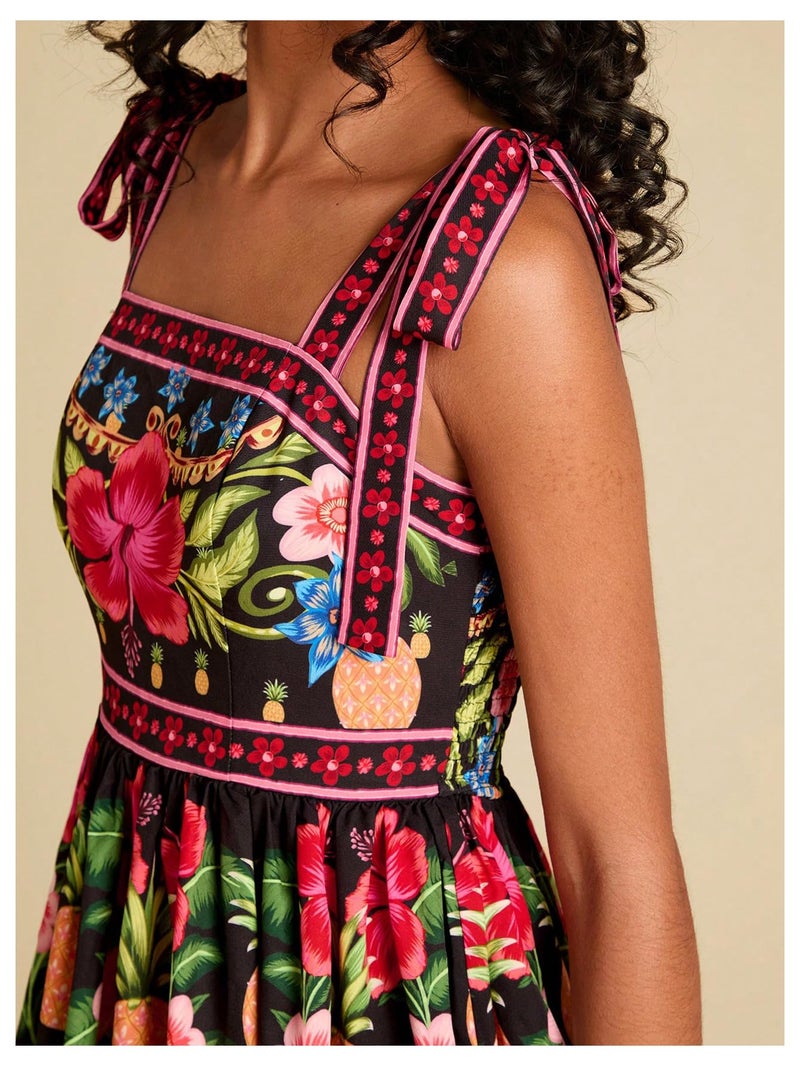 OYOANGLE Women's Boho Dress Floral Tropical Vacation Dress Sleeveless Tie Shoulder Summer Flowy Mini Dress Sundress Black and Pink X-Small - Image 4