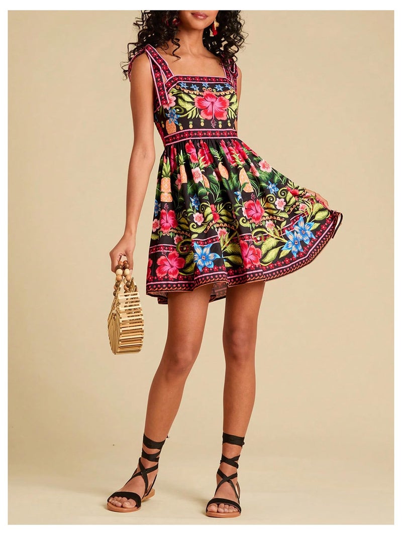 OYOANGLE Women's Boho Dress Floral Tropical Vacation Dress Sleeveless Tie Shoulder Summer Flowy Mini Dress Sundress Black and Pink X-Small - Image 5