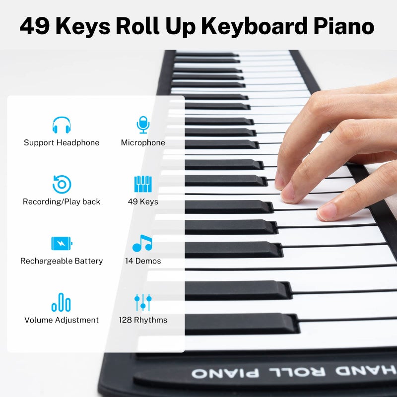 POGOLAB 49 Key Roll Up Keyboard Piano, Portable Digital Electric Foldable Piano Keyboard, Rechargeable, 47 Tones, 14 Educational Demo Songs, for Beginners Gift (Black & White) - Image 2