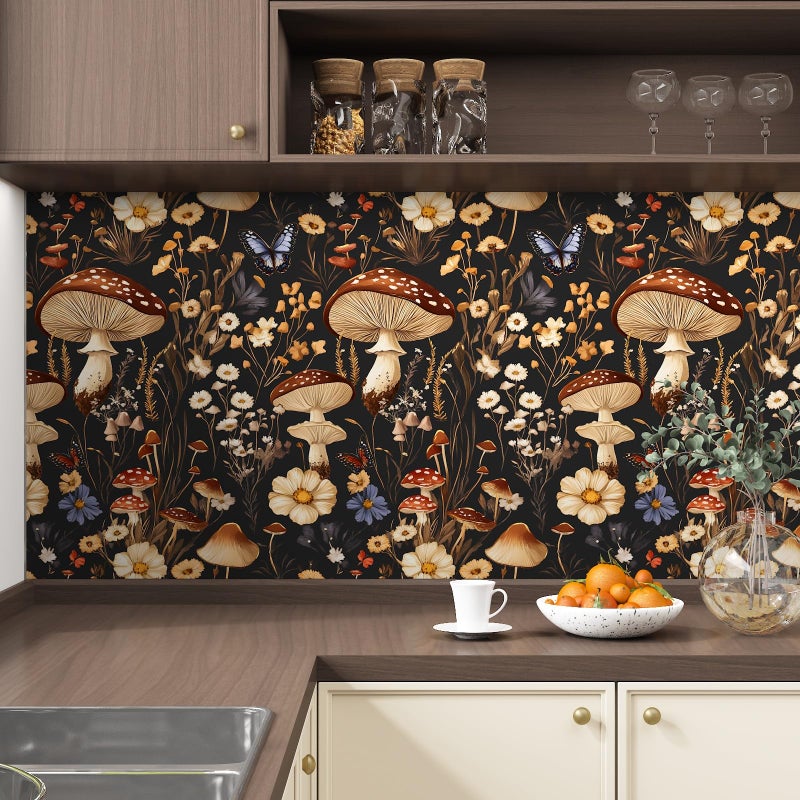 BOKEBEVE Extra Long Mushroom Peel and Stick Wallpaper Vintage Wallpaper Floral Contact Paper Leaf Wall Paper for Cabinet Bedroom Backsplash Renter Friendly Removable 17.5 x 393.5In - Image 3