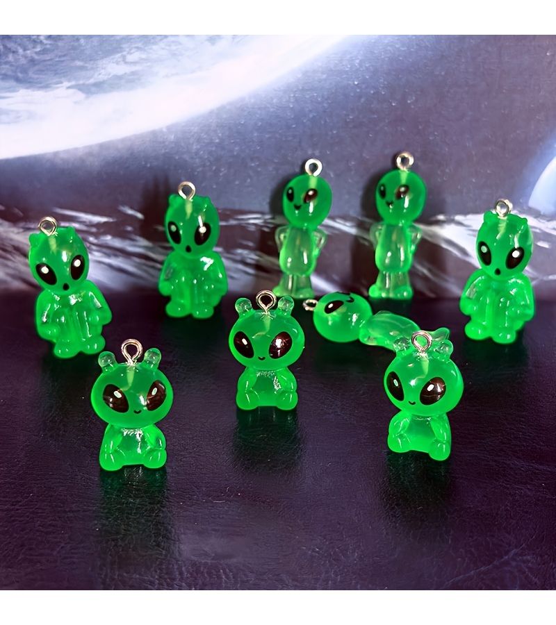 12 Pcs Green Glow Alien Pendant Charms For DIY Jewelry Making Random Aliens - Image 1