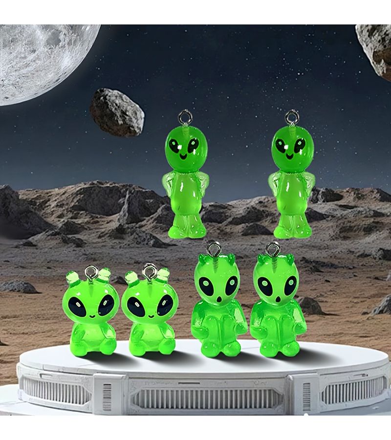 12 Pcs Green Glow Alien Pendant Charms For DIY Jewelry Making Random Aliens - Image 2