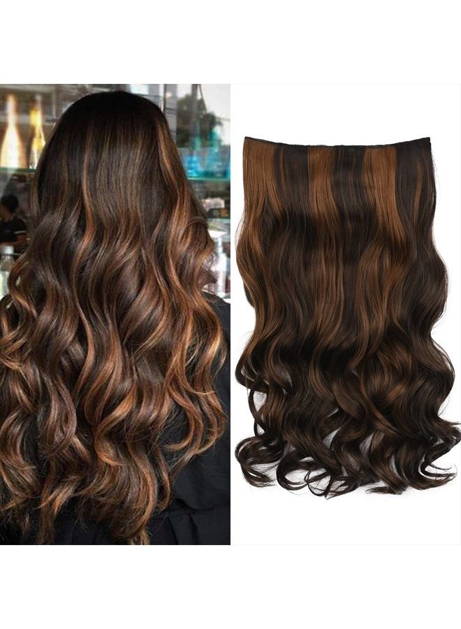 REECHO 20" 1-Pack 3/4 Full Head Curly Wave Clips in on Synthetic Hair Extensions Hairpieces for Women 5 Clips 4.5 Oz per Piece - Dark Brown with Chestnut Highlights - Image 1
