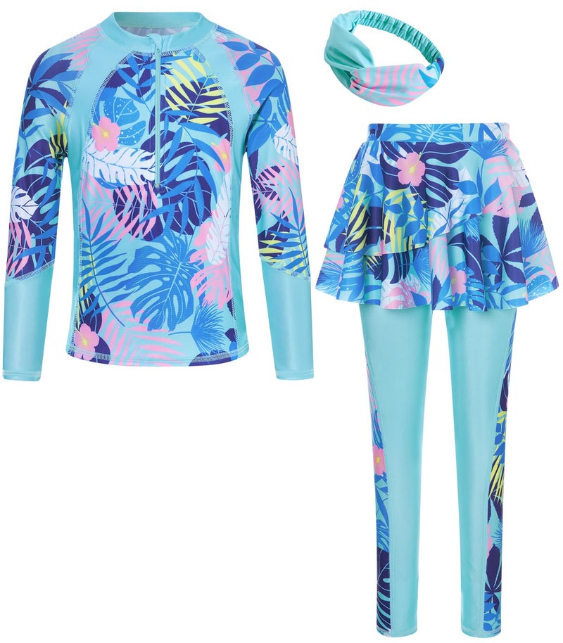SunFocus Swimwear for Girls Swimsuit Long Sleeve Size 10-12 Bathing Suit 2 Piece Rash Guard Teen Tropical Mermaid Swim Suit with Hairband Kids Tankini UPF 50+ Beach - Image 1