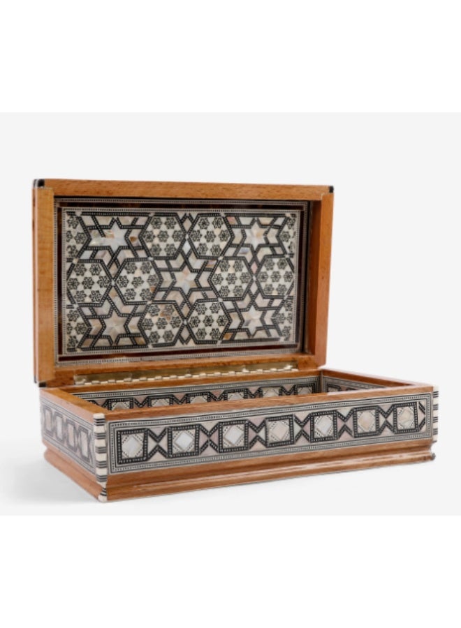 Handmade Wooden Jewelry & Keepsake Box Inlaid with Natural Mosaic Shell & Mother of Pearl, Brown & White - Size 27x17x7 cm - Image 1