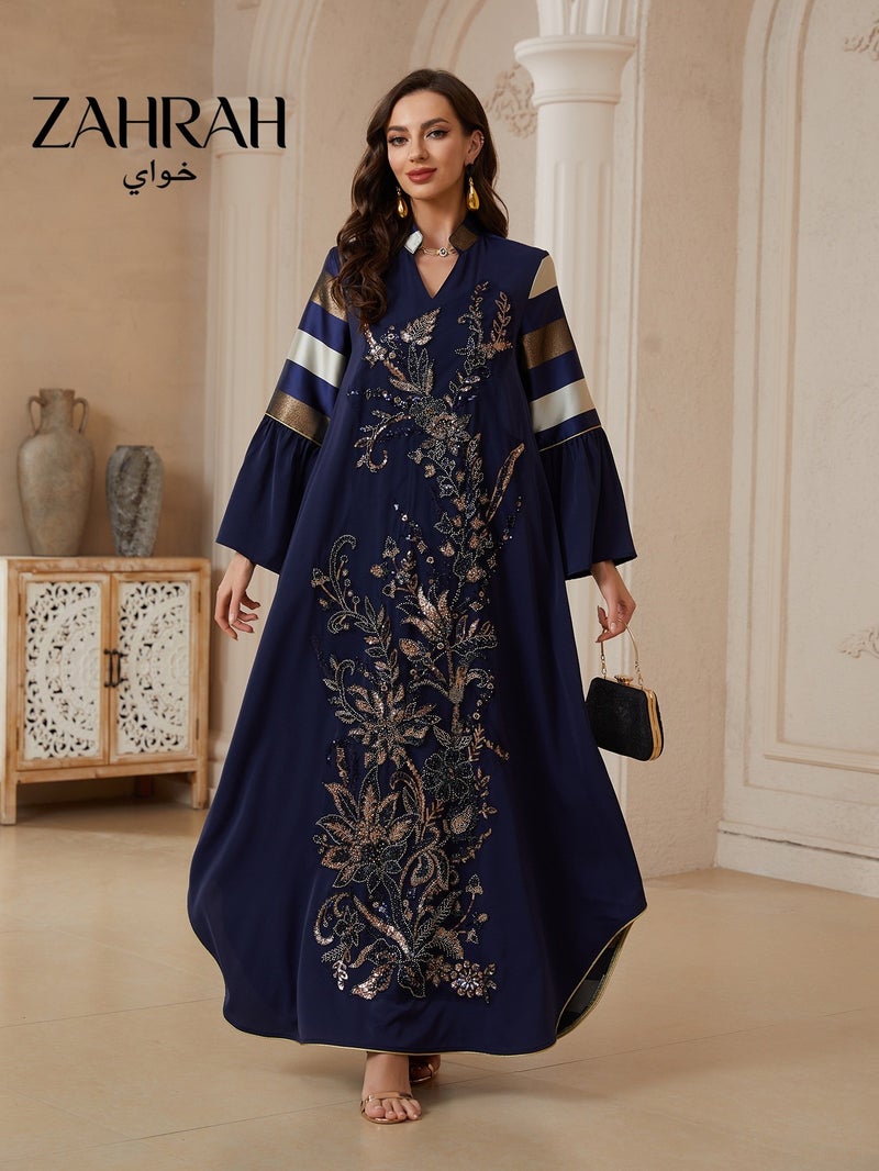 زهرة عباية نسائية أزرق داكن جديدة 2026، جلابية فضفاضة مطرزة بالترتر مع أكمام مخططة لرمضان والمناسبات المسائية - Image 2