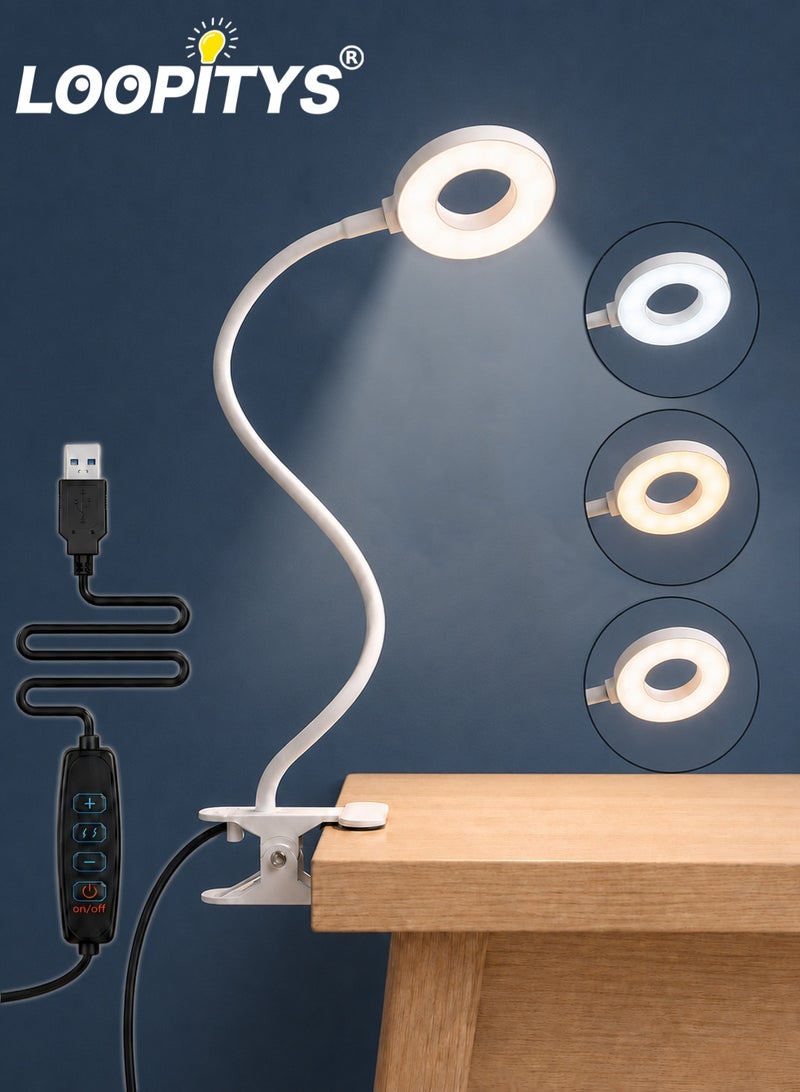 LOOPITYS LED Clip Desk Lamp Reading Light Study Lamp Eye Care Protection with 10 Dimmable Brightness & 3 Light Modes USB Powered Flexible Gooseneck Clamp for Bed Headboard Table Office Lights - Image 1
