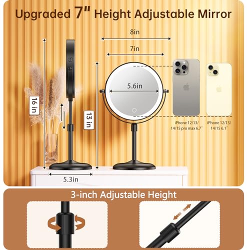 Gospire 7 Lighted Makeup Mirror with Magnification 10X1X Height Adjustable 3 Color Dimmable Lights 360 Swivel Double Sided Light up Rechargeable LED Cosmetic Vanity Cordless Standing - Image 3