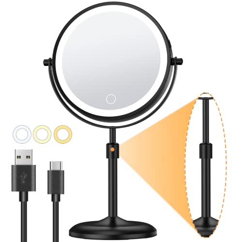Gospire 7 Lighted Makeup Mirror with Magnification 10X1X Height Adjustable 3 Color Dimmable Lights 360 Swivel Double Sided Light up Rechargeable LED Cosmetic Vanity Cordless Standing - Image 1