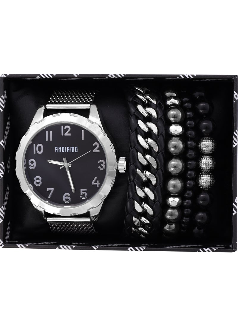 ANDIAMO Men's Analog Silver Case Silver Metal Strap Set Watch 