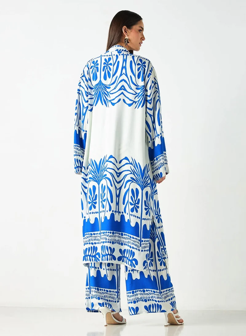 سنوار All-Over Print Longline Kimono and Wide Leg Pants Co ord