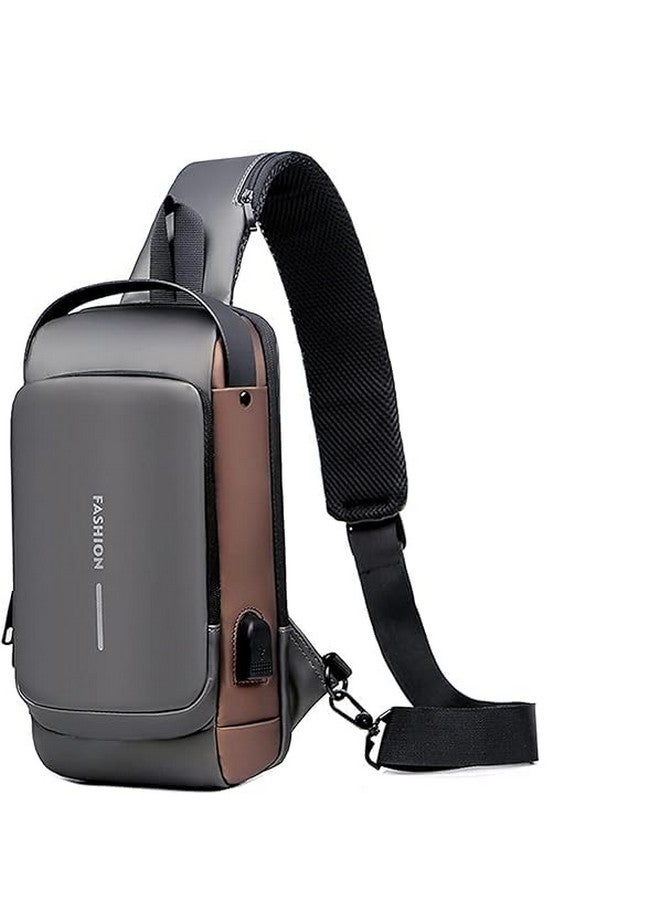 DJIVAN Anti-Theft Sling Bag with USB Port, Crossbody Shoulder Backpack, Grey and Brown - Image 1