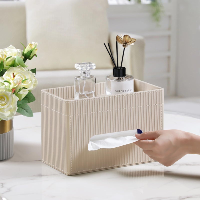 Cretkhp Tissue Box Cover Rectangle with Storage Tray, PU Leather Tissue Holder for Bathroom Vanity Countertop Night Stands Bedroom Office Desk, Stylish Rectangular Tissue Box Holder (Beige) - Image 2