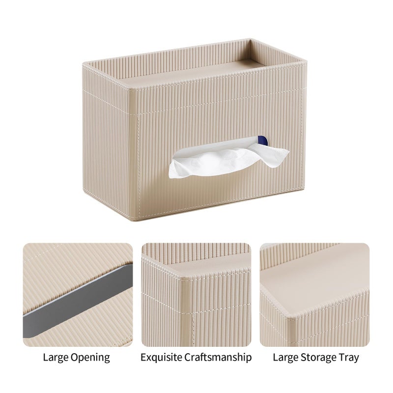 Cretkhp Tissue Box Cover Rectangle with Storage Tray, PU Leather Tissue Holder for Bathroom Vanity Countertop Night Stands Bedroom Office Desk, Stylish Rectangular Tissue Box Holder (Beige) - Image 4
