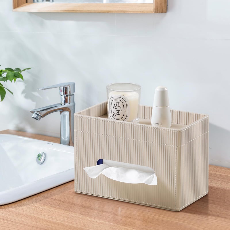 Cretkhp Tissue Box Cover Rectangle with Storage Tray, PU Leather Tissue Holder for Bathroom Vanity Countertop Night Stands Bedroom Office Desk, Stylish Rectangular Tissue Box Holder (Beige) - Image 5