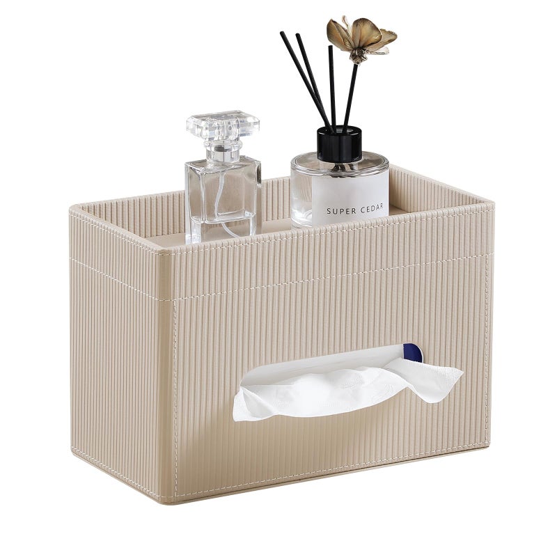 Cretkhp Tissue Box Cover Rectangle with Storage Tray, PU Leather Tissue Holder for Bathroom Vanity Countertop Night Stands Bedroom Office Desk, Stylish Rectangular Tissue Box Holder (Beige) - Image 1
