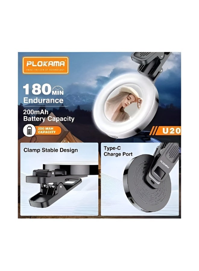 التخطيط ليد فيل لايت PLOKAMA U20 صغير الحجم بإضاءة ثلاثية الألوان قابلة للتعديل 6 مستويات ودوران 180° وبطارية 200mAh - Image 4